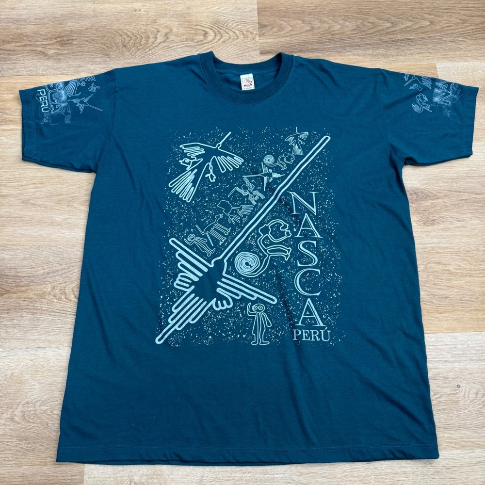 Vishen Y2K Nasca Peru Graphic T-Shirt Mens XXL Teal Pristine 100% Cotton